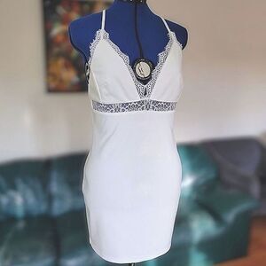 White lace trim backless spaghetti strap lingerie mini slip dress
